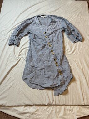 Tibi Blue and White Striped Mini Dress with tortoise buttons